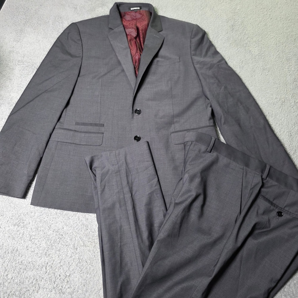 Express Mens 42S Slim Fit Suit Set Gray Wrinkle Resistant Wool Blend Stretch